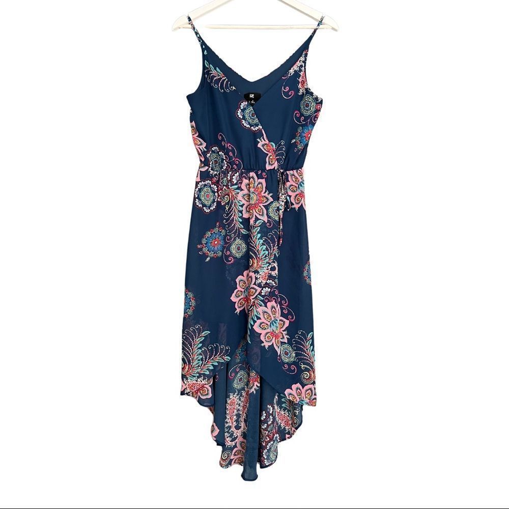 iZ Byer High Low Dress Tropical Floral Dark Teal Spaghetti Straps